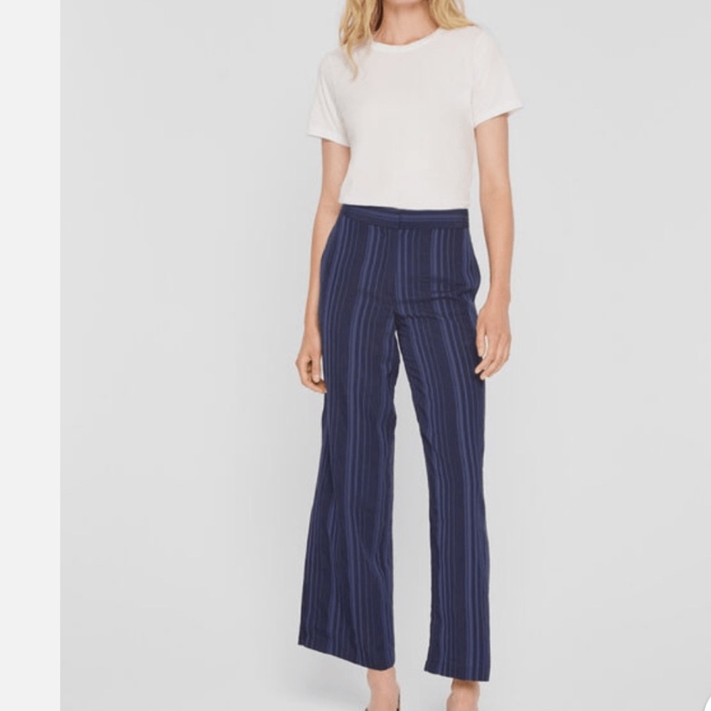 Club Monaco Sonyah Navy and Blue Marine Stripe Wide Leg Pant